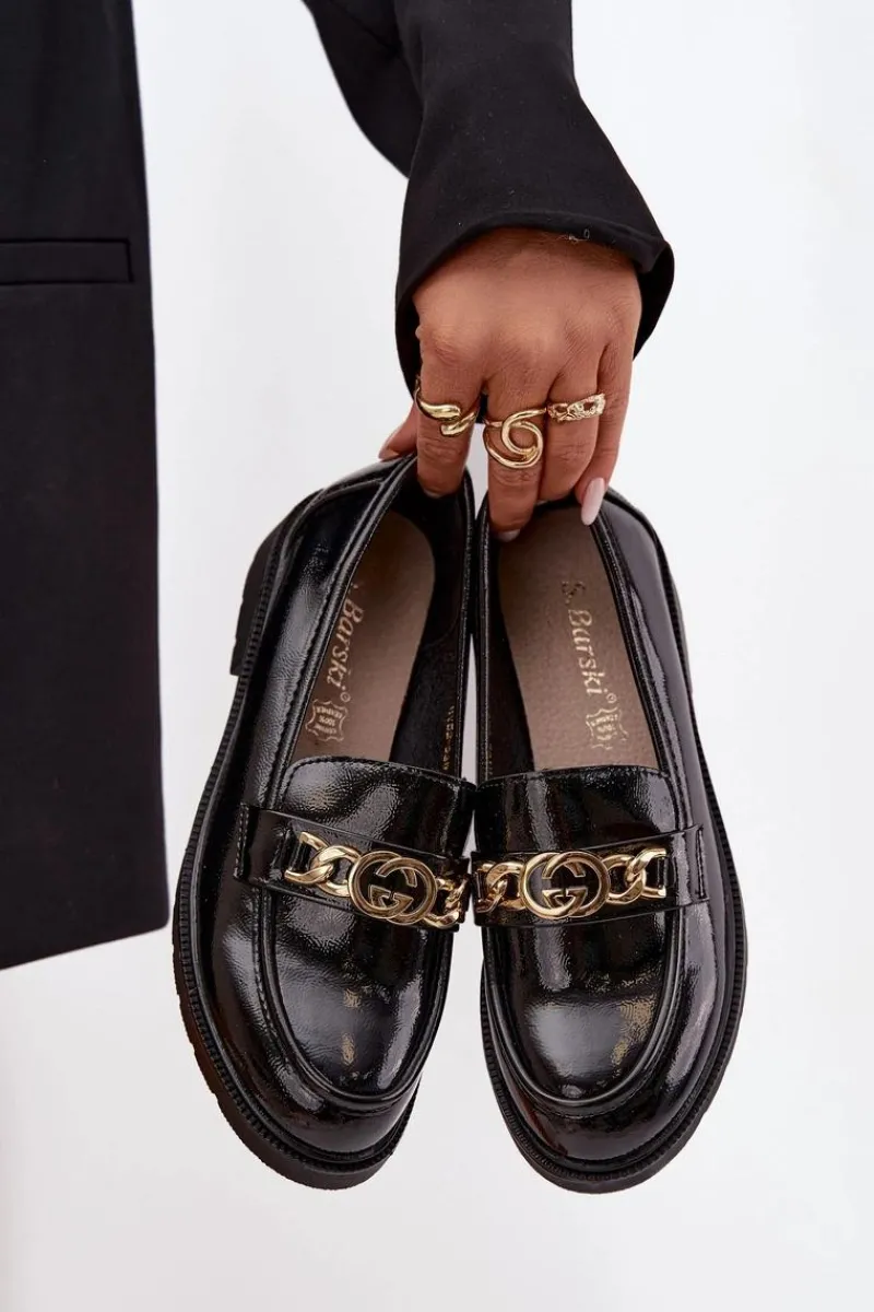 Outlet D&A Lakierowane Mokasyny Damskie Ze Złotą Ozdobą S.Barski HY52-539 Czarne Czarny