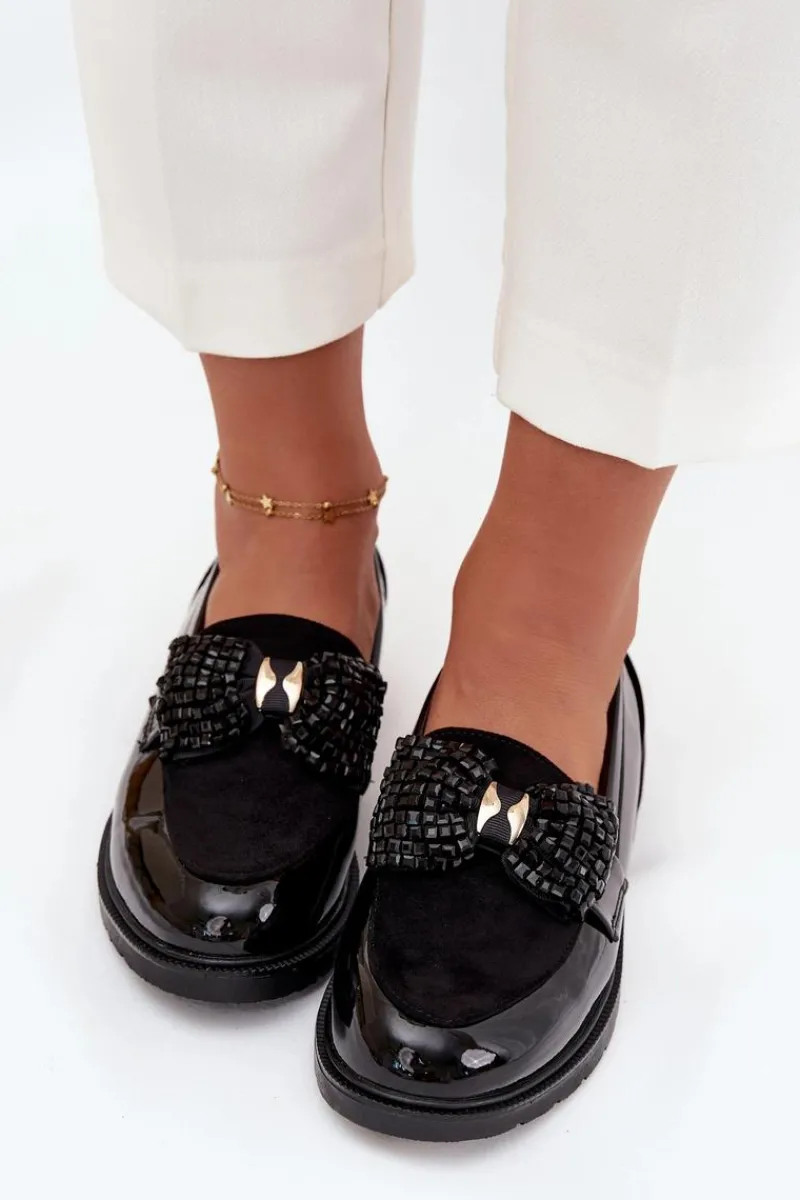 Online Lakierowane Mokasyny Damskie Z Kokardką S.Barski HY51-319 Czarne Damskie Mokasyny Płaskie|Mokasyny Damskie Lakierowane