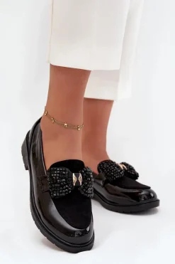 Online Lakierowane Mokasyny Damskie Z Kokardką S.Barski HY51-319 Czarne Damskie Mokasyny Płaskie|Mokasyny Damskie Lakierowane