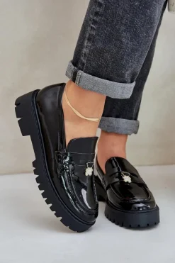 Outlet Lakierowane Mokasyny Damskie Z Przypinką Miś Czarne Wulinea Damskie Loafersy Damskie|Mokasyny Płaskie