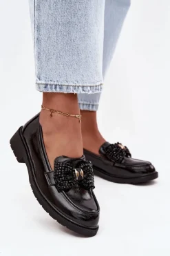 Mokasyny Płaskie|Mokasyny Damskie Lakierowane>D&A Lakierowane Mokasyny Damskie Z Kokardką S.Barski HY52-319A Czarne Czarny