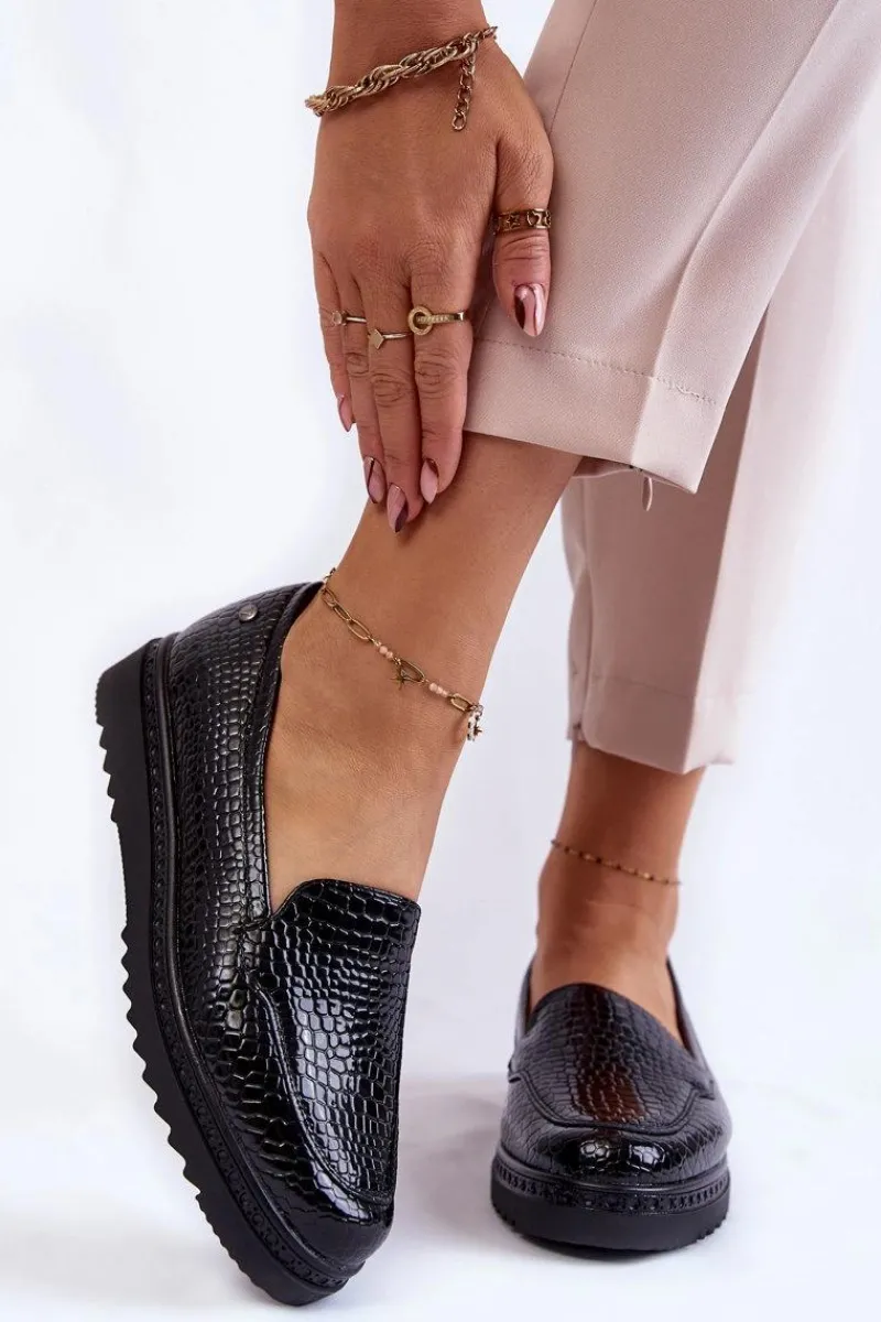 Hot Buty damskie Vinceza Lakierowane Mokasyny Krokodyli Wzór Na Platformie Czarne Diane