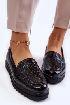 Hot Buty damskie Vinceza Lakierowane Mokasyny Krokodyli Wzór Na Platformie Czarne Diane