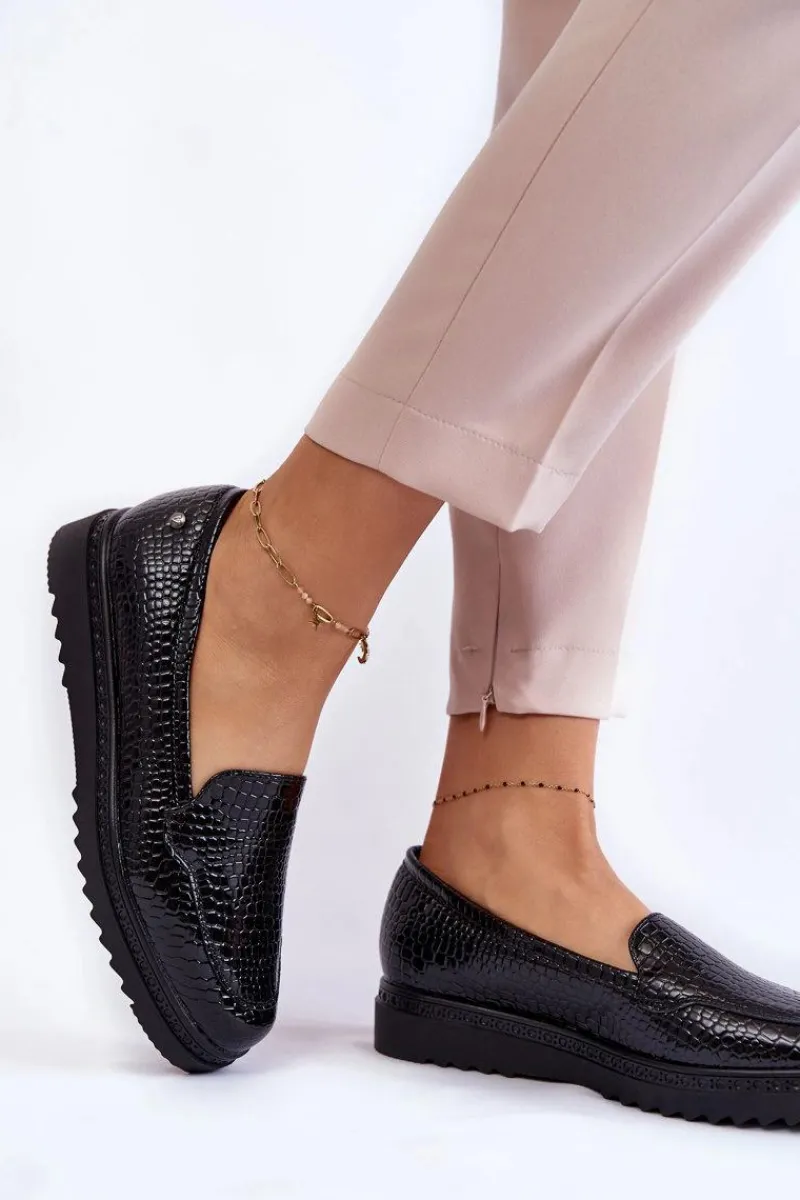 Hot Buty damskie Vinceza Lakierowane Mokasyny Krokodyli Wzór Na Platformie Czarne Diane