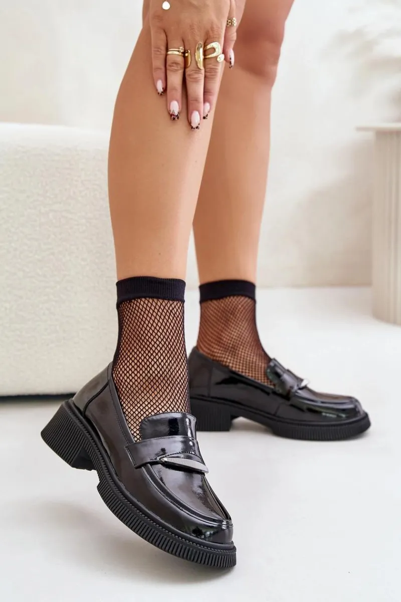 Clearance Damskie buty S.Barski Lakierowane Mokasyny Loafersy Damskie Z Ozdobą D&A LZ42-031 Czarne