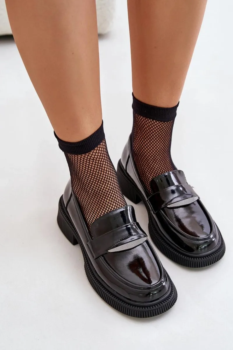 Clearance Damskie buty S.Barski Lakierowane Mokasyny Loafersy Damskie Z Ozdobą D&A LZ42-031 Czarne