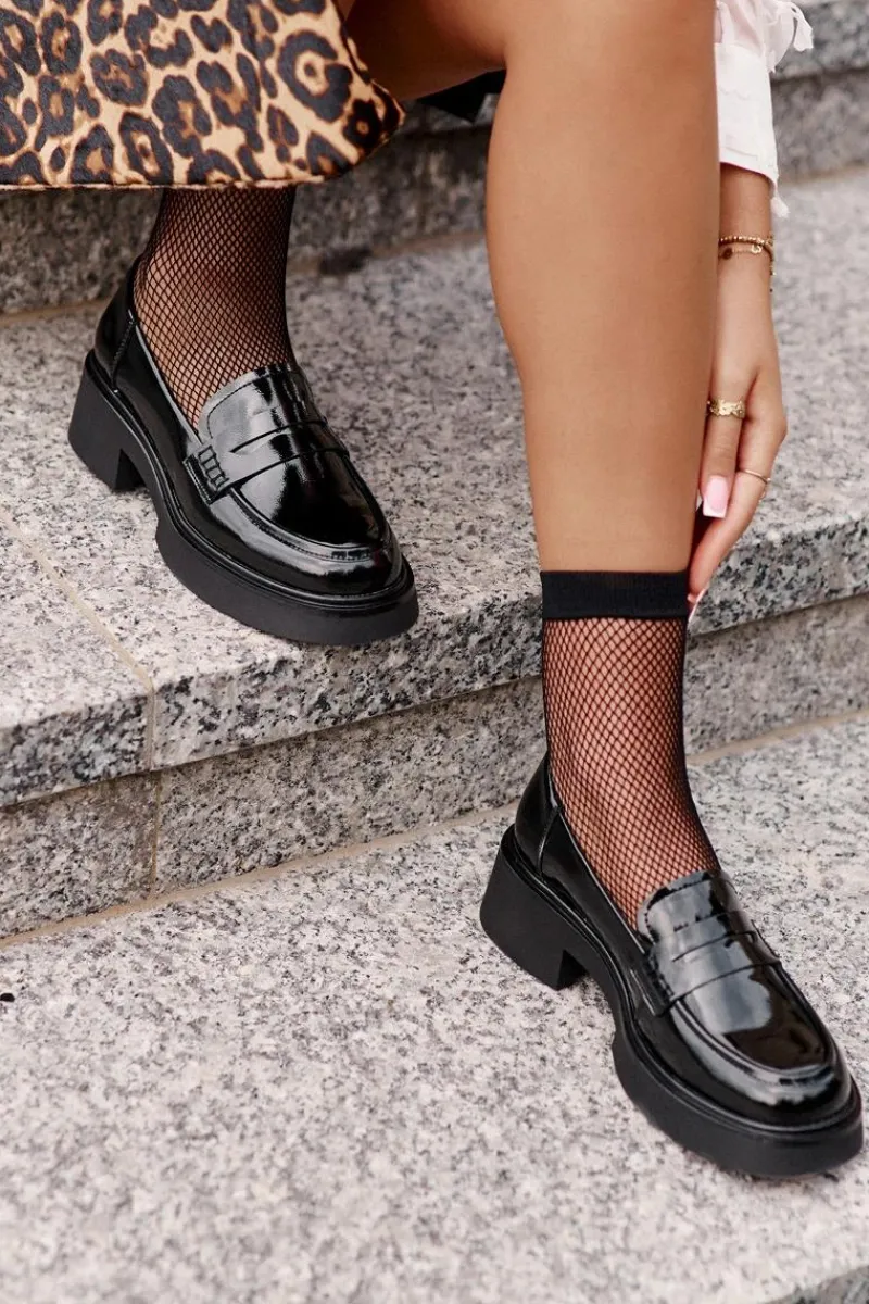 Mokasyny Damskie Lakierowane>Damskie buty S.Barski Lakierowane Mokasyny Loafersy Damskie D&A JC42-62 Czarne