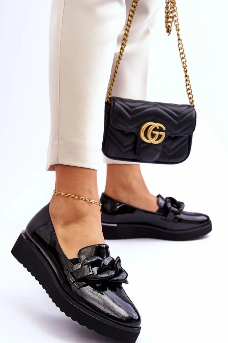 Lakierowane Mokasyny Na Koturnie Czarne Semma Damskie Mokasyny Damskie Lakierowane