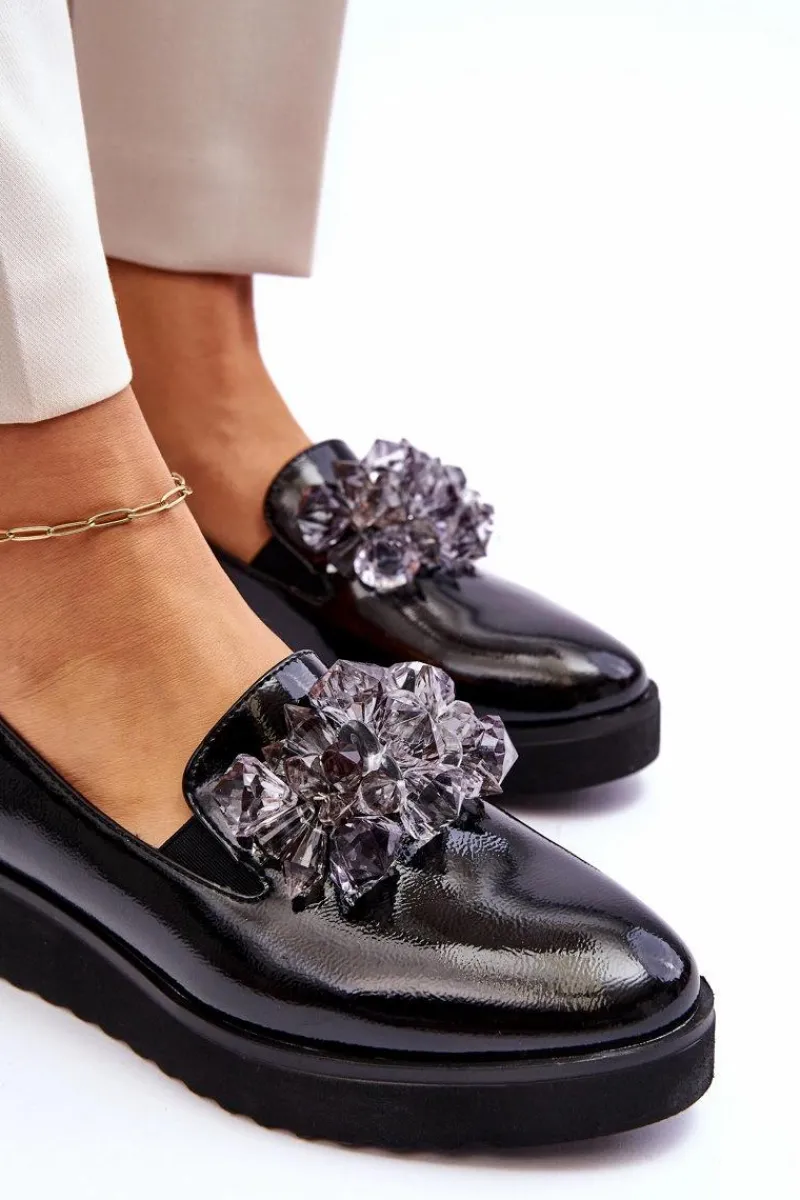 Mokasyny Damskie Lakierowane>Buty damskie Vinceza Lakierowane Mokasyny Na Koturnie Z Kryształkami Czarne Loresa
