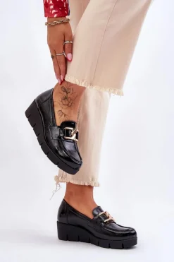 Sale Lakierowane Mokasyny Na Koturnie Czarne Lemar Felicita Damskie Loafersy Damskie|Mokasyny Damskie Lakierowane