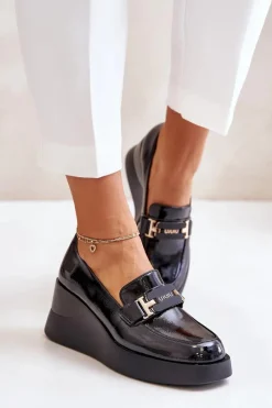 Outlet Lakierowane Mokasyny Na Koturnie Vinceza 58337 Czarne Damskie Loafersy Damskie|Mokasyny Damskie Lakierowane