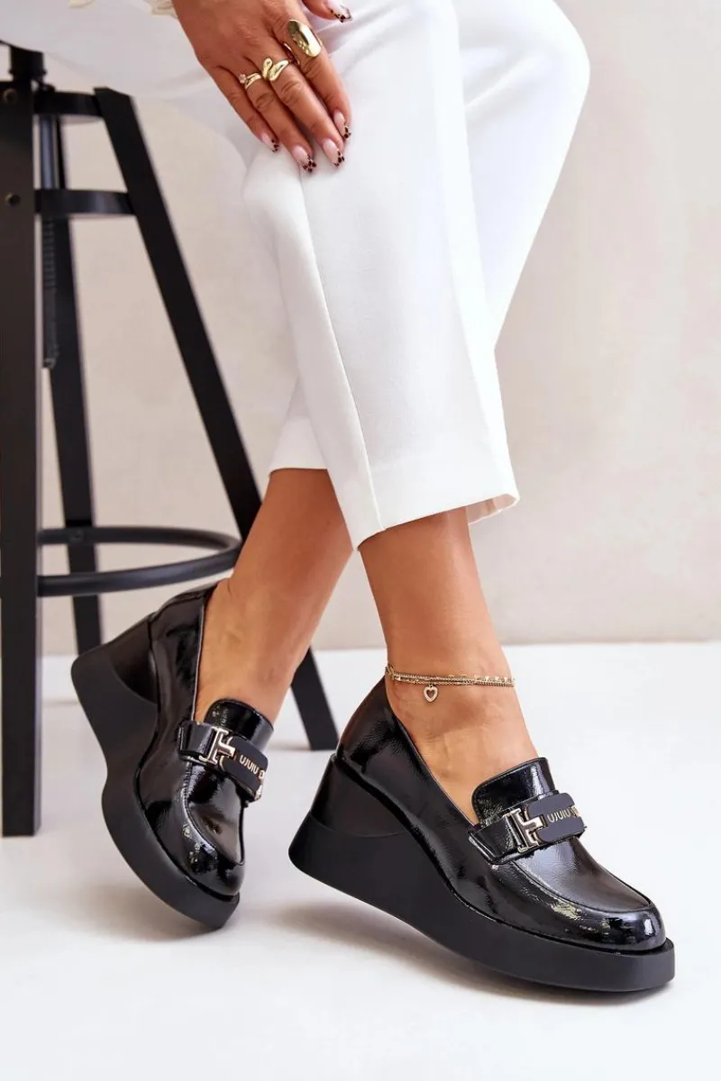 Outlet Lakierowane Mokasyny Na Koturnie Vinceza 58337 Czarne Damskie Loafersy Damskie|Mokasyny Damskie Lakierowane