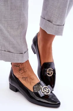 Discount Lakierowane Mokasyny Na Niskim Obcasie Czarne Asselia Damskie Mokasyny Damskie Lakierowane