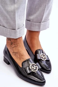 Discount Lakierowane Mokasyny Na Niskim Obcasie Czarne Asselia Damskie Mokasyny Damskie Lakierowane