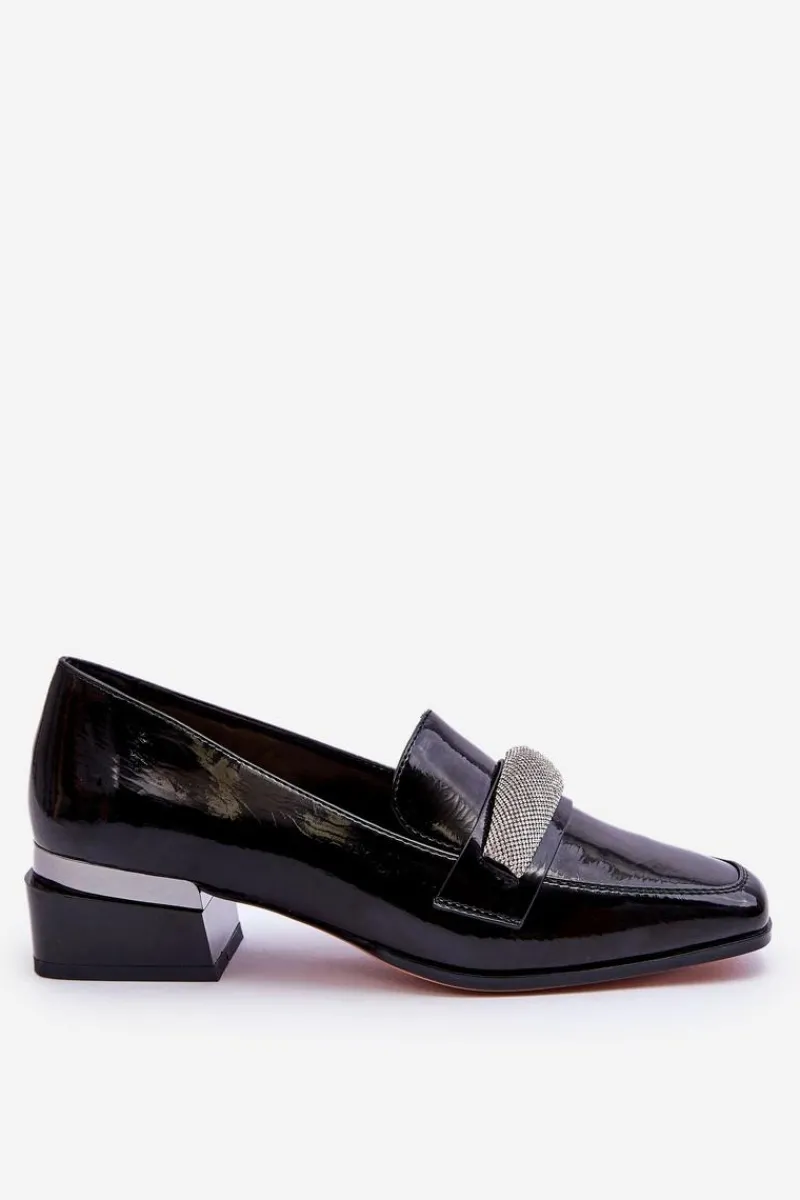 Mokasyny Damskie Lakierowane>Damskie buty S.Barski Lakierowane Mokasyny Na Obcasie Z Cyrkoniami Czarne Lavern
