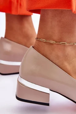 Discount Damskie buty S.Barski Lakierowane Mokasyny Na Obcasie Z Cyrkoniami Beżowe Lavern