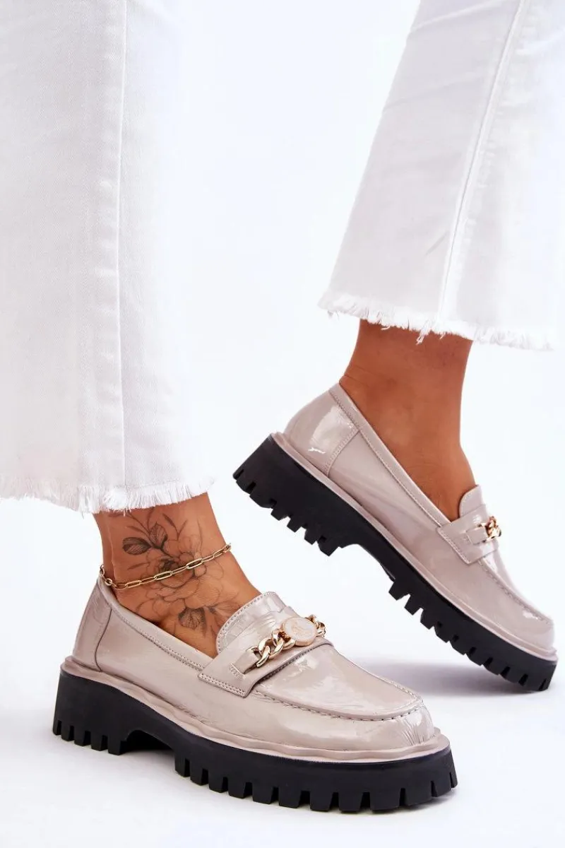 Mokasyny Płaskie|Mokasyny Damskie Lakierowane>Damskie buty S.Barski Lakierowane Mokasyny Na Platformie Jasnoszare Ronin Szary