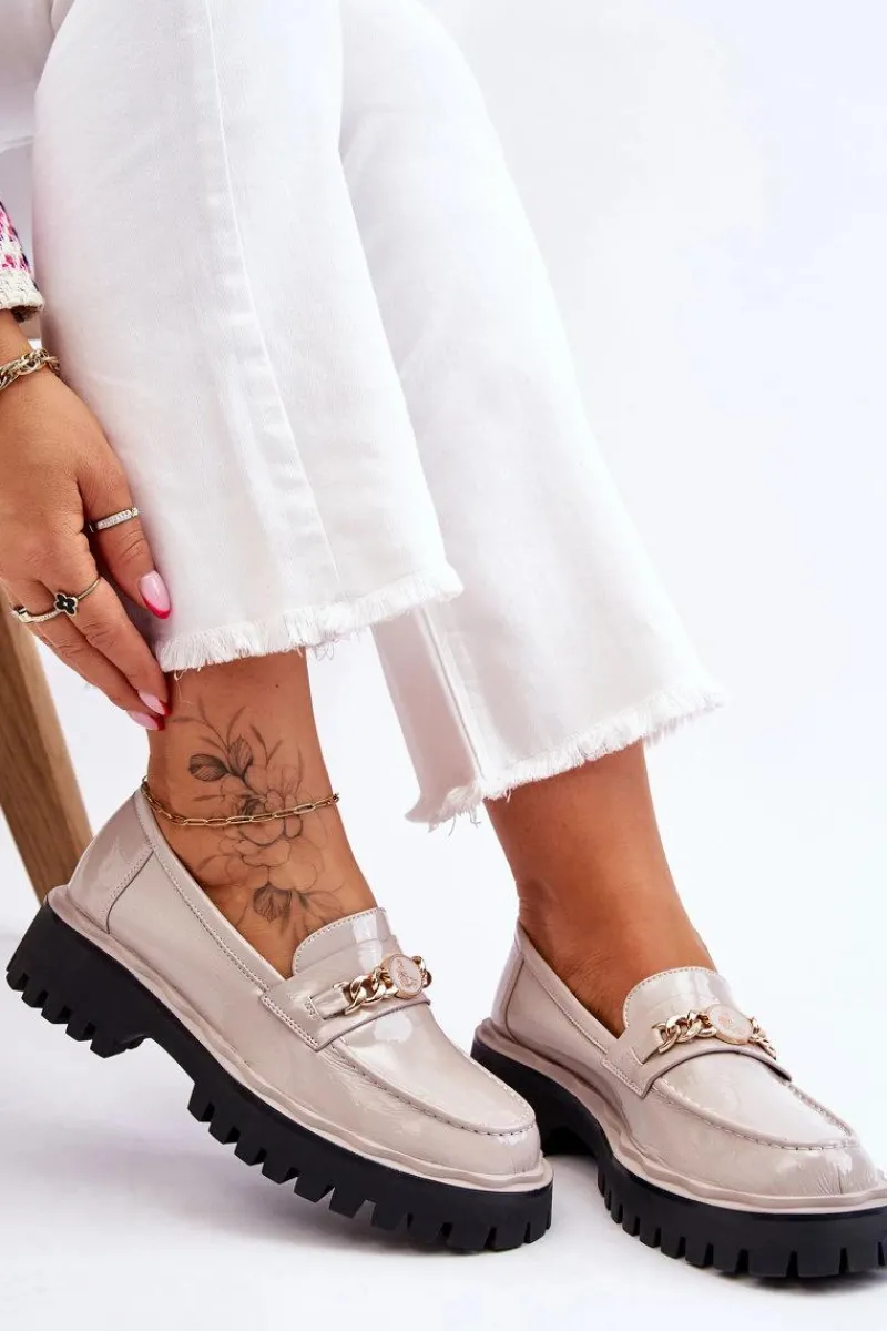 Mokasyny Płaskie|Mokasyny Damskie Lakierowane>Damskie buty S.Barski Lakierowane Mokasyny Na Platformie Jasnoszare Ronin Szary