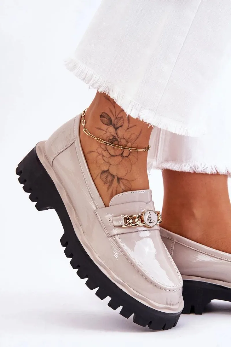 Mokasyny Płaskie|Mokasyny Damskie Lakierowane>Damskie buty S.Barski Lakierowane Mokasyny Na Platformie Jasnoszare Ronin Szary