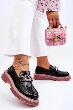 New Lakierowane Mokasyny Z Łańcuchem LL2N4039 Czarno-Fioletowe Damskie Mokasyny Płaskie|Mokasyny Damskie Skórzane