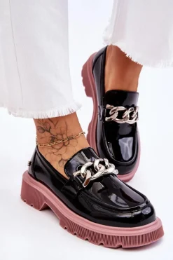 New Lakierowane Mokasyny Z Łańcuchem LL2N4039 Czarno-Fioletowe Damskie Mokasyny Płaskie|Mokasyny Damskie Skórzane