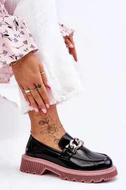 New Lakierowane Mokasyny Z Łańcuchem LL2N4039 Czarno-Fioletowe Damskie Mokasyny Płaskie|Mokasyny Damskie Skórzane