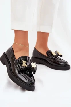 Mokasyny Płaskie|Mokasyny Damskie Skórzane>Boto Lakierowane Mokasyny Z Kokardą I Ozdobną Broszką Czarne Leandriel
