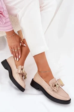 Sale Boto Lakierowane Mokasyny Z Kokardą I Ozdobną Broszką Beżowe Leandriel