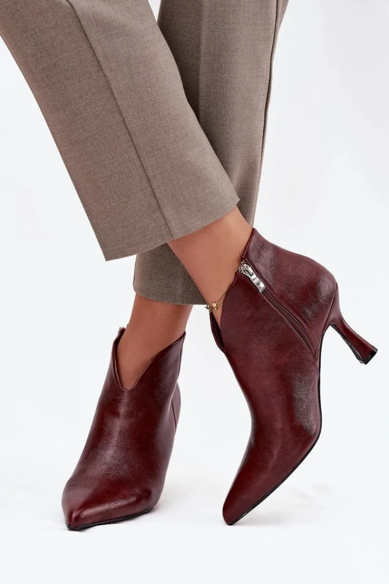 Boto Lakierowane Niskie Botki Damskie Na Szpilce Bordowe Jolivra