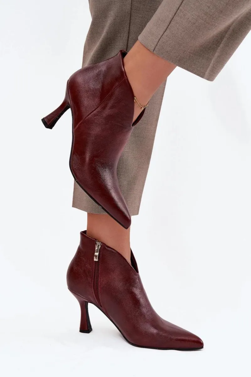 Boto Lakierowane Niskie Botki Damskie Na Szpilce Bordowe Jolivra