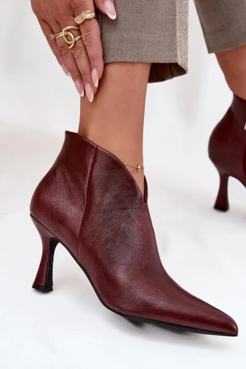 Boto Lakierowane Niskie Botki Damskie Na Szpilce Bordowe Jolivra