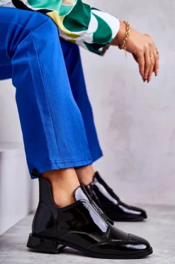 Hot Damskie buty S.Barski Lakierowane Niskie Botki Na Suwak Czarne Bettina