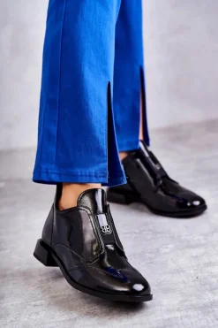 Hot Damskie buty S.Barski Lakierowane Niskie Botki Na Suwak Czarne Bettina