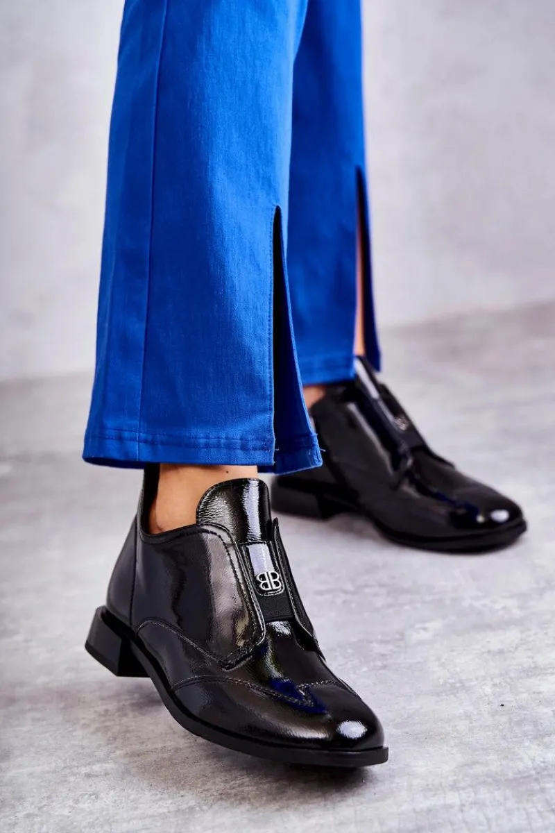 Hot Damskie buty S.Barski Lakierowane Niskie Botki Na Suwak Czarne Bettina