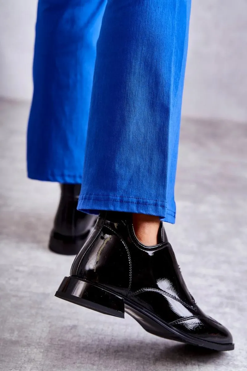 Hot Damskie buty S.Barski Lakierowane Niskie Botki Na Suwak Czarne Bettina
