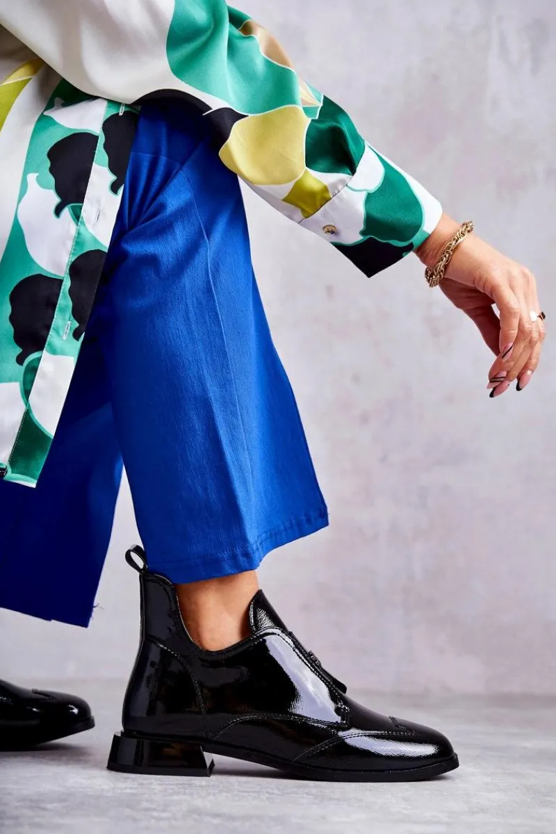 Hot Damskie buty S.Barski Lakierowane Niskie Botki Na Suwak Czarne Bettina