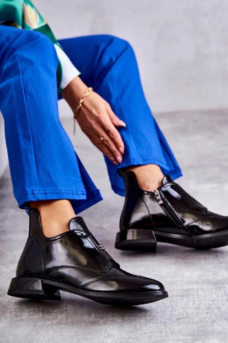 Hot Damskie buty S.Barski Lakierowane Niskie Botki Na Suwak Czarne Bettina