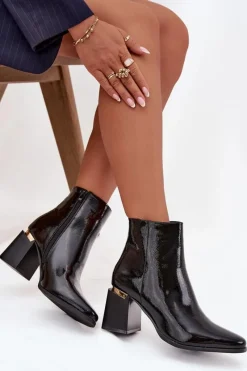 Clearance Lakierowane Ocieplane Botki Damskie Na Słupku Z Eko Skóry Czarne Brivelle Damskie Botki Ocieplane|Botki Na Słupku