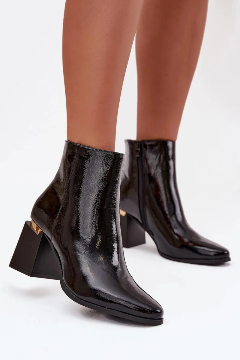 Clearance Lakierowane Ocieplane Botki Damskie Na Słupku Z Eko Skóry Czarne Brivelle Damskie Botki Ocieplane|Botki Na Słupku