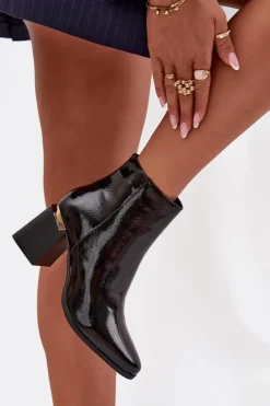 Clearance Lakierowane Ocieplane Botki Damskie Na Słupku Z Eko Skóry Czarne Brivelle Damskie Botki Ocieplane|Botki Na Słupku