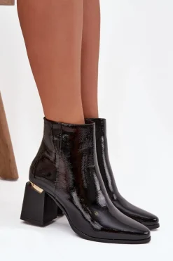 Clearance Lakierowane Ocieplane Botki Damskie Na Słupku Z Eko Skóry Czarne Brivelle Damskie Botki Ocieplane|Botki Na Słupku