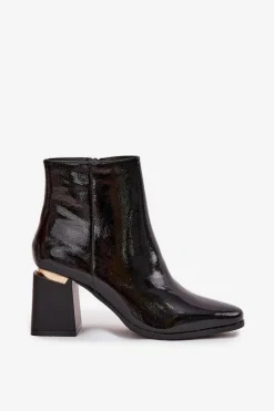 Clearance Lakierowane Ocieplane Botki Damskie Na Słupku Z Eko Skóry Czarne Brivelle Damskie Botki Ocieplane|Botki Na Słupku