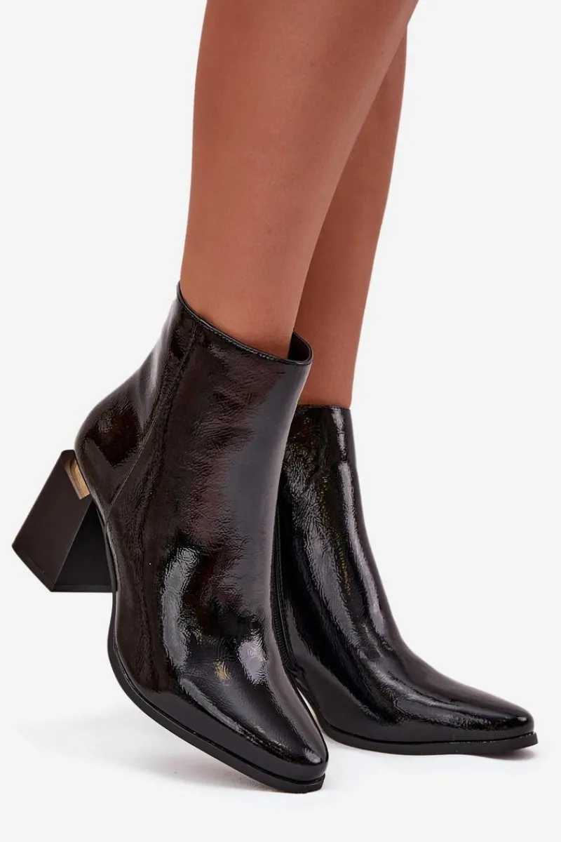 Clearance Lakierowane Ocieplane Botki Damskie Na Słupku Z Eko Skóry Czarne Brivelle Damskie Botki Ocieplane|Botki Na Słupku