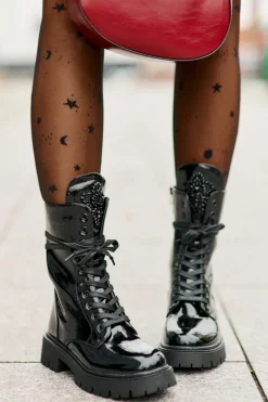 Hot Boto Lakierowane Ocieplane Botki Workery Z Ozdobą Czarne Kelilea Czarny