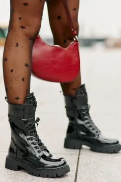 Hot Boto Lakierowane Ocieplane Botki Workery Z Ozdobą Czarne Kelilea Czarny