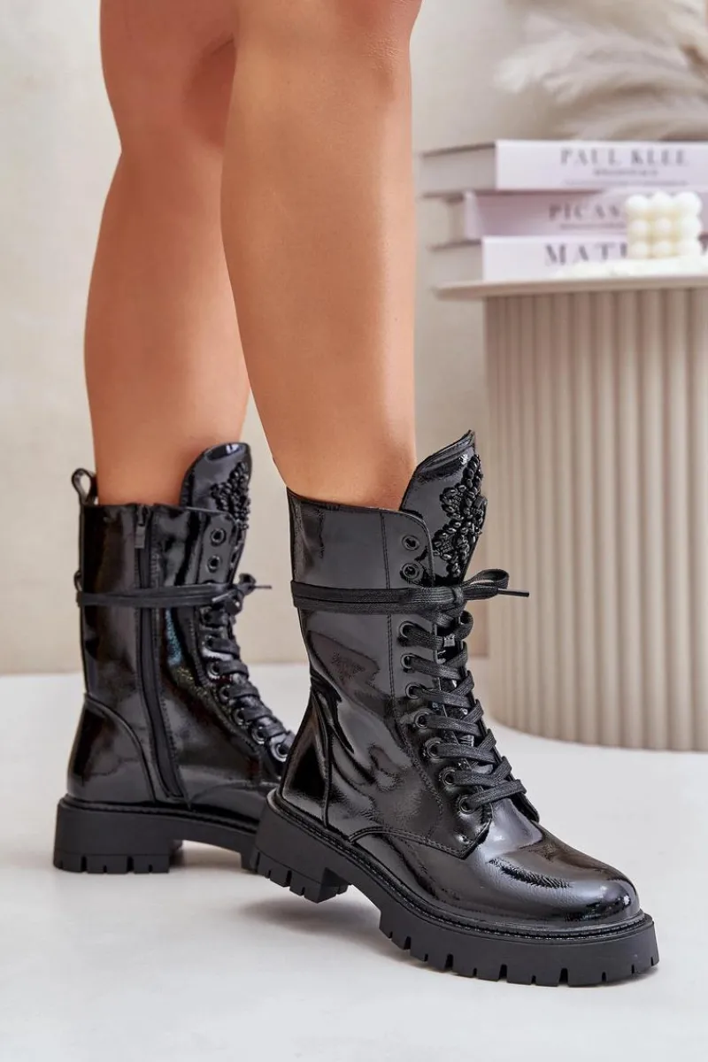 Hot Boto Lakierowane Ocieplane Botki Workery Z Ozdobą Czarne Kelilea Czarny