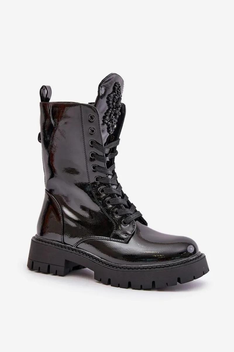 Hot Boto Lakierowane Ocieplane Botki Workery Z Ozdobą Czarne Kelilea Czarny