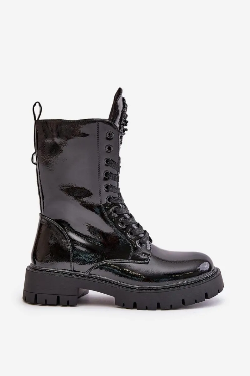 Hot Boto Lakierowane Ocieplane Botki Workery Z Ozdobą Czarne Kelilea Czarny