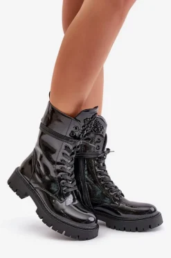 Hot Boto Lakierowane Ocieplane Botki Workery Z Ozdobą Czarne Kelilea Czarny