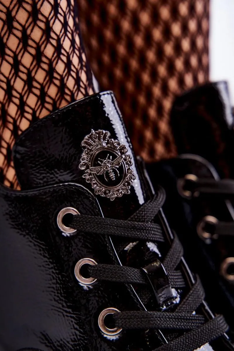 Botki Sznurowane|Czarne Botki>Damskie buty S.Barski Lakierowane Ocieplane Botki Sznurowane Czarne Enrica